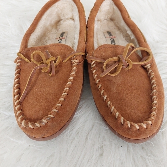 Minnetonka Brown Suede Moccasin Slipper Womens Sz 8 Rubber Sole Shoe 3502 - Picture 3 of 10
